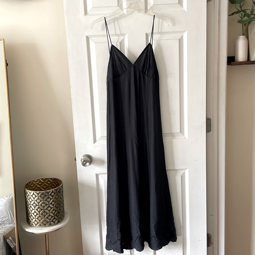 Zara Black Maxi Slip Dress with Scalloped Hem